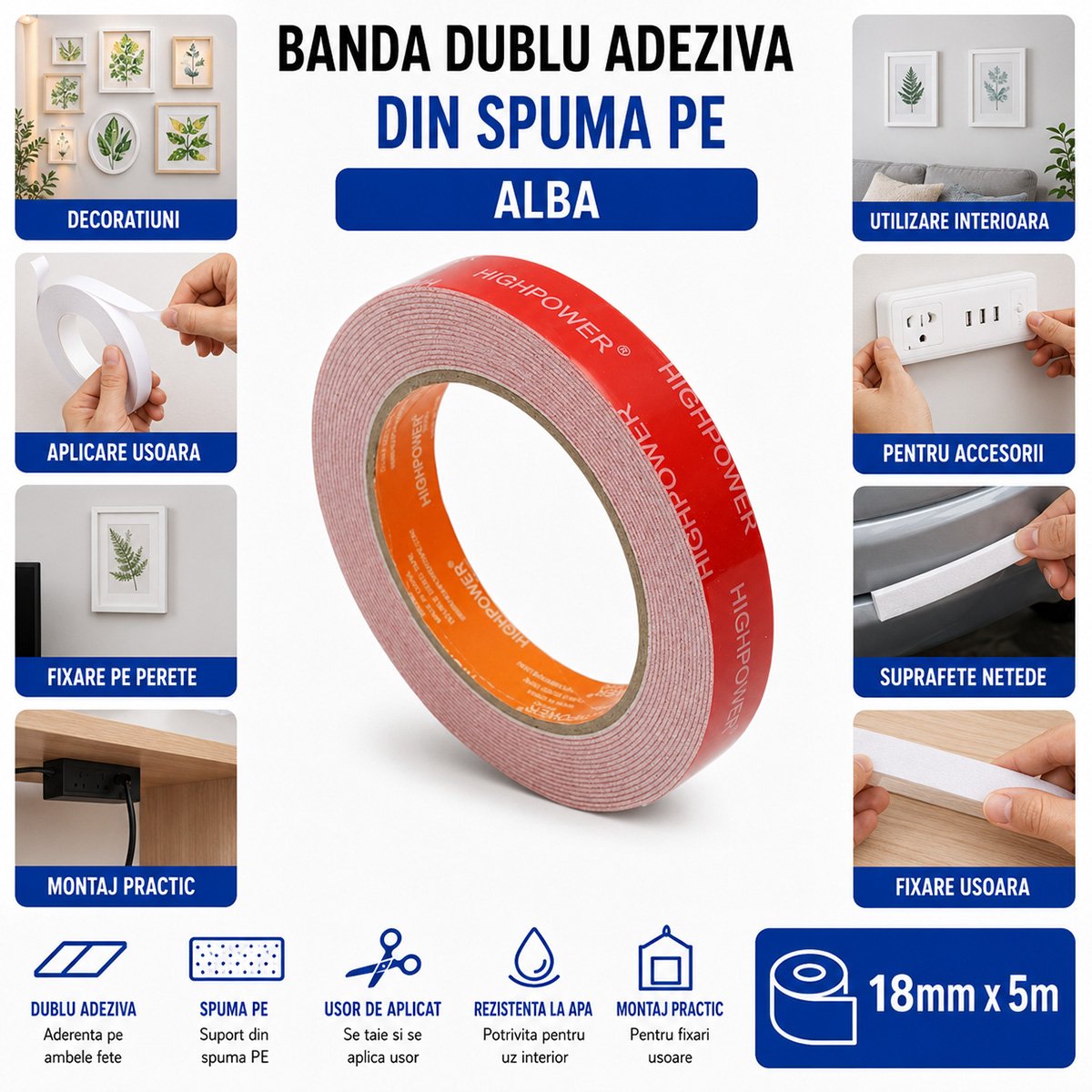 Banda dublu adeziva spuma alba PE 18mm x 5m HighPower - imagine 4