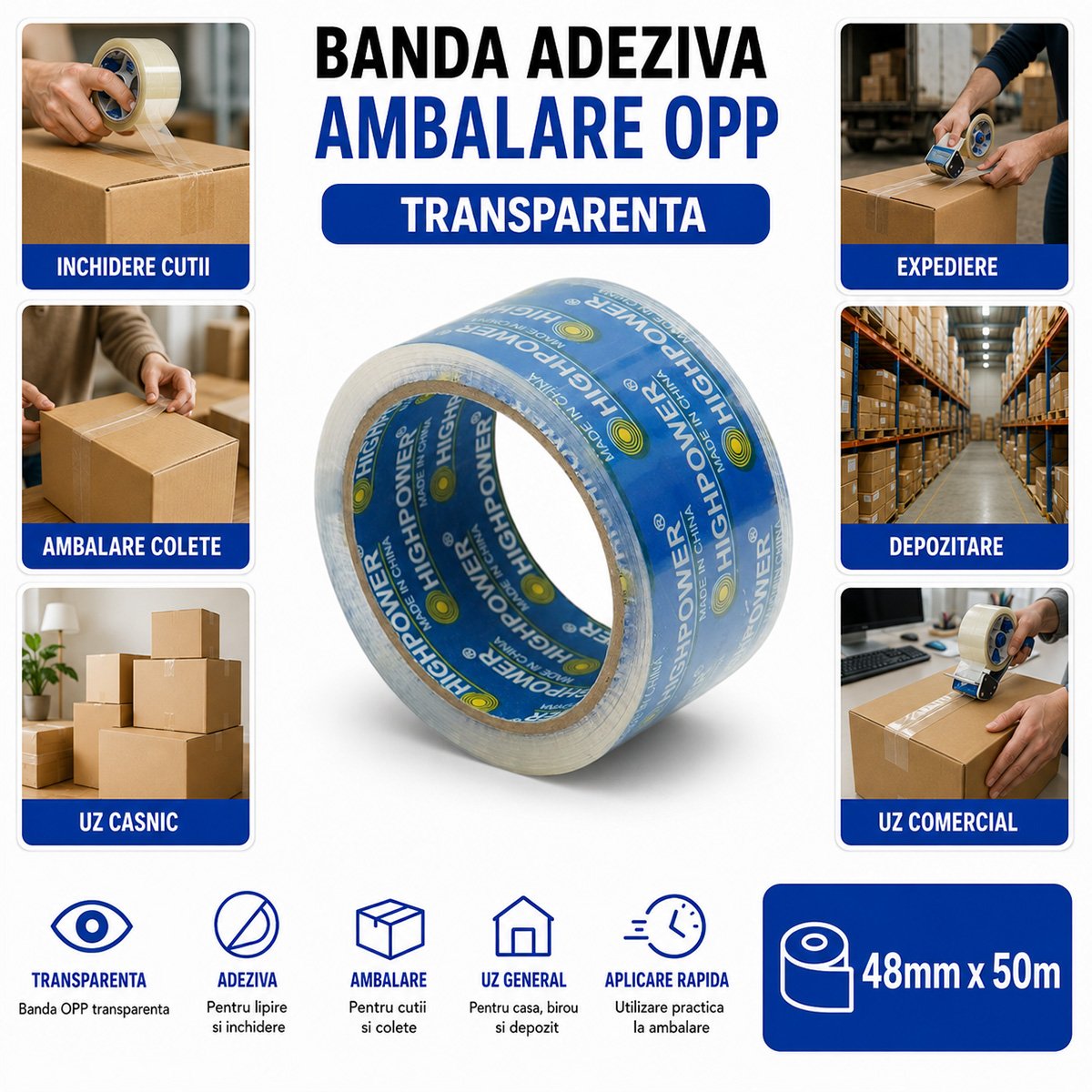 Banda adeziva scotch transparenta OPP 48mm x 50m pentru ambalare HighPower - imagine 3