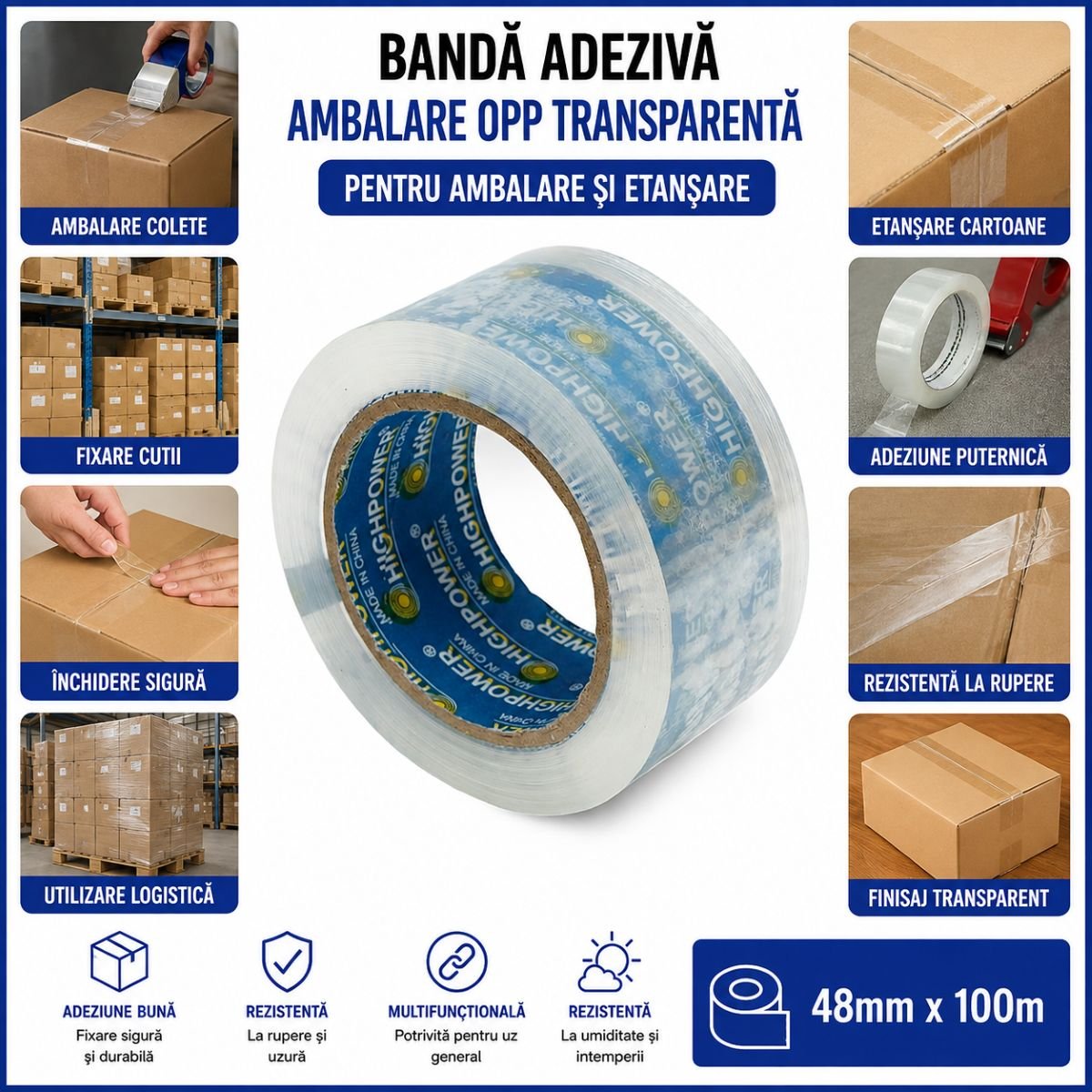 Banda adeziva scotch transparenta OPP 48mm x 100m pentru ambalare HighPower - imagine 3