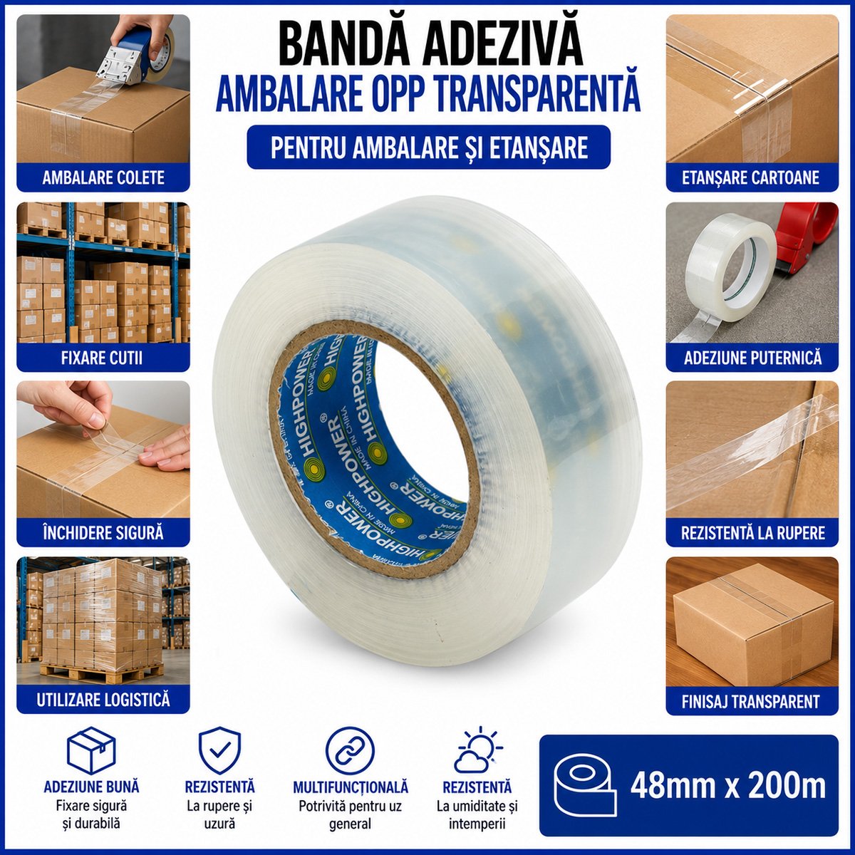 Banda adeziva scotch transparenta OPP 48mm x 200m pentru ambalare HighPower - imagine 3