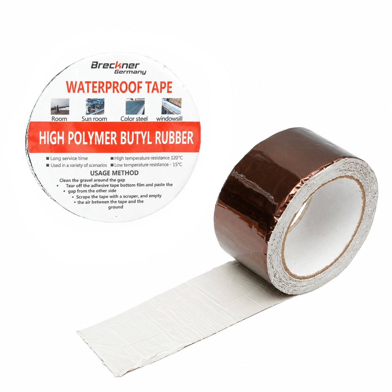 Banda butilica hidroizolanta autoadeziva 50mm x 5m cu folie de aluminiu maro RAL8011 Breckner Germany