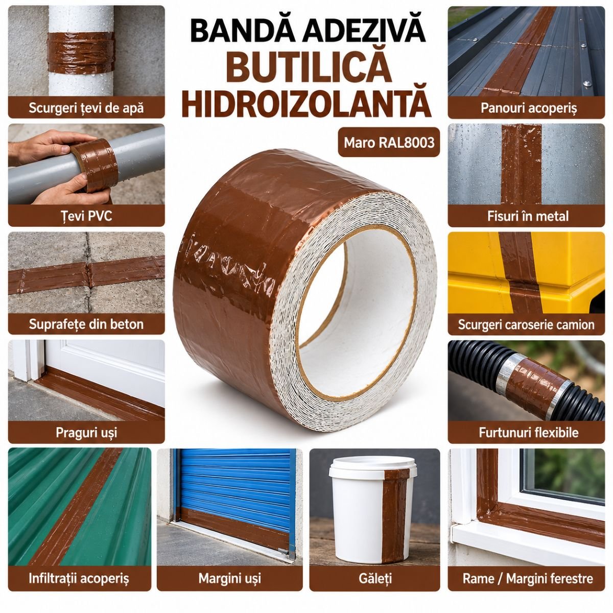 Banda butilica hidroizolanta autoadeziva 300mm x 5m cu folie de aluminiu maro RAL8003 Breckner Germany - imagine 4