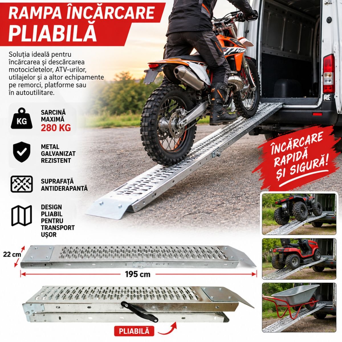Rampa incarcare pliabila 195x22cm, sarcina maxima 280kg - imagine 6