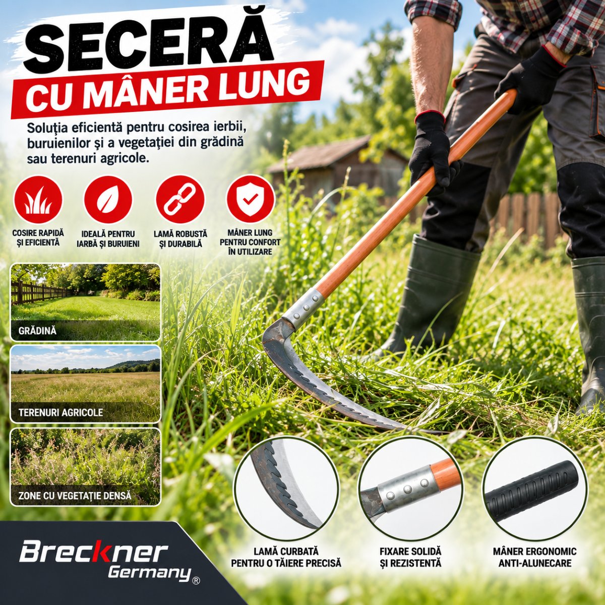 Secera cu maner lung 55cm, lama curbata 32cm profesionala Breckner Germany - imagine 5