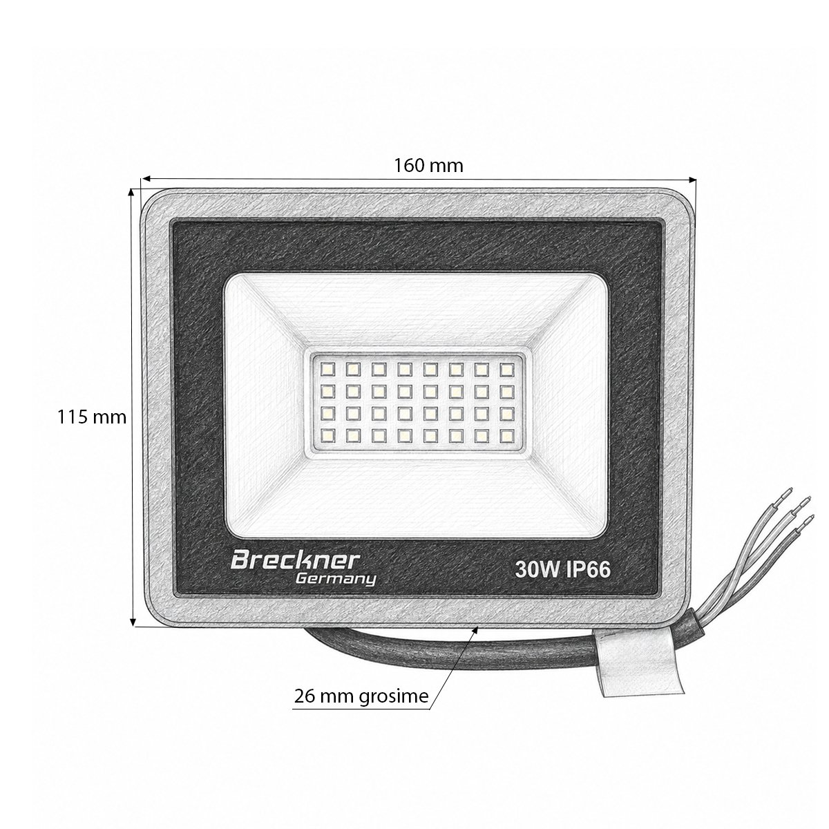 Proiector LED 30W, 100-265V, 6500K, 3000lm tip Flood 160x115x26mm IP66 Breckner Germany - imagine 5