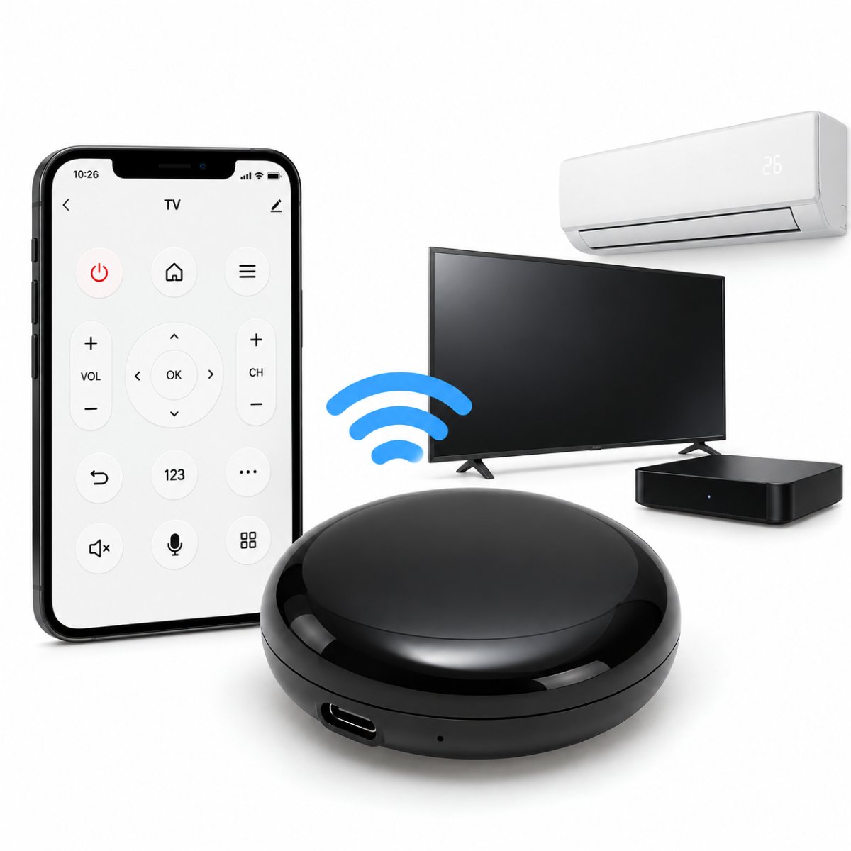 Telecomanda universala inteligenta smart Wi-Fi IR Blaster 2.4GHz cu senzor temperatura si umiditate, raza 10m, aplicatie Tuya Smart Life, compatibila Alexa si Google Home