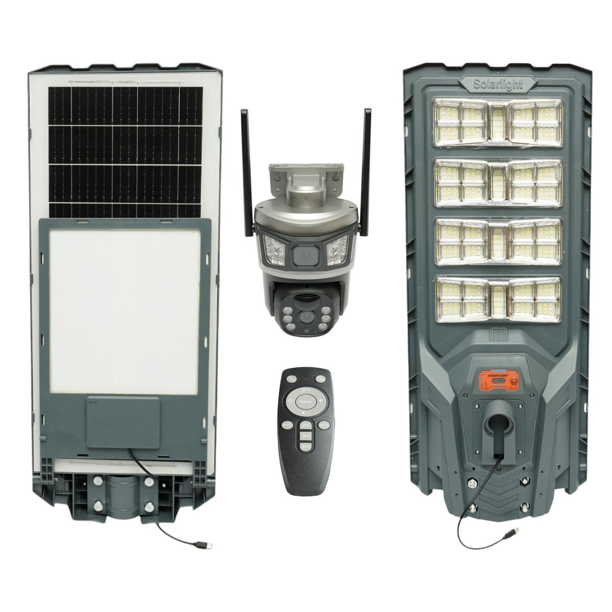 Lampa solara LED iluminat stradal 800W cu camera supraveghere duala 6MP Wi-Fi, panou solar 40W, baterie LiFePO4 30000mAh, PTZ 360, night vision, detectie PIR Ai, aplicatie V380 Pro