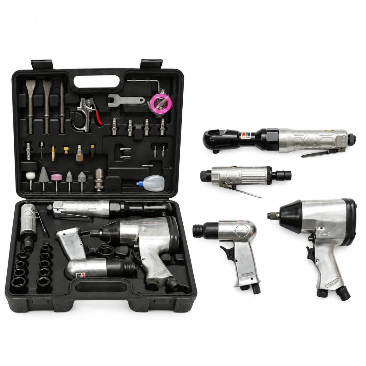 Trusa scule pneumatice cu pistol de impact, ciocan, clichet, polizor drept si accesorii 46 piese Breckner Germany