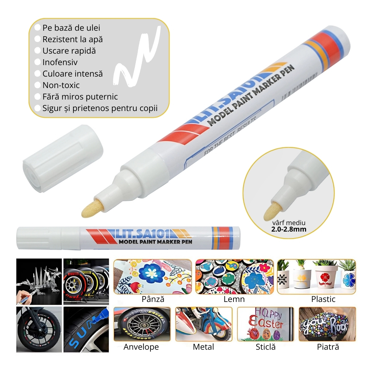 SET 12buc. Marker vopsea alb pe baza de ulei, impermeabil, uscare rapida