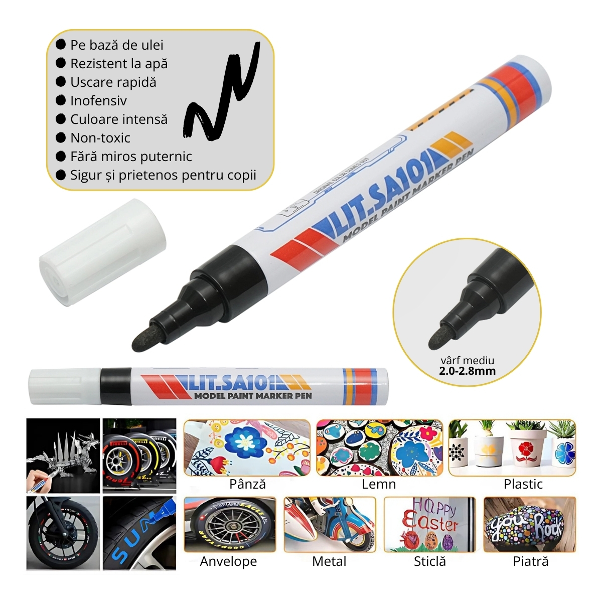 SET 12 buc. Marker vopsea negru pe baza de ulei, impermeabil, uscare rapida