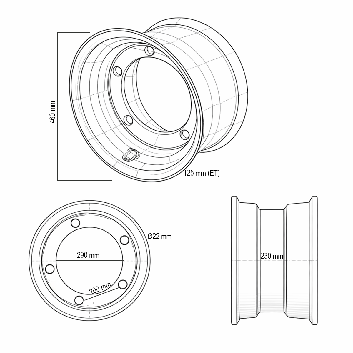 Janta fata buldoexcavator JCB 3CX, 4CX 9x18, 5x200mm, ET125, alezaj 290mm - imagine 6