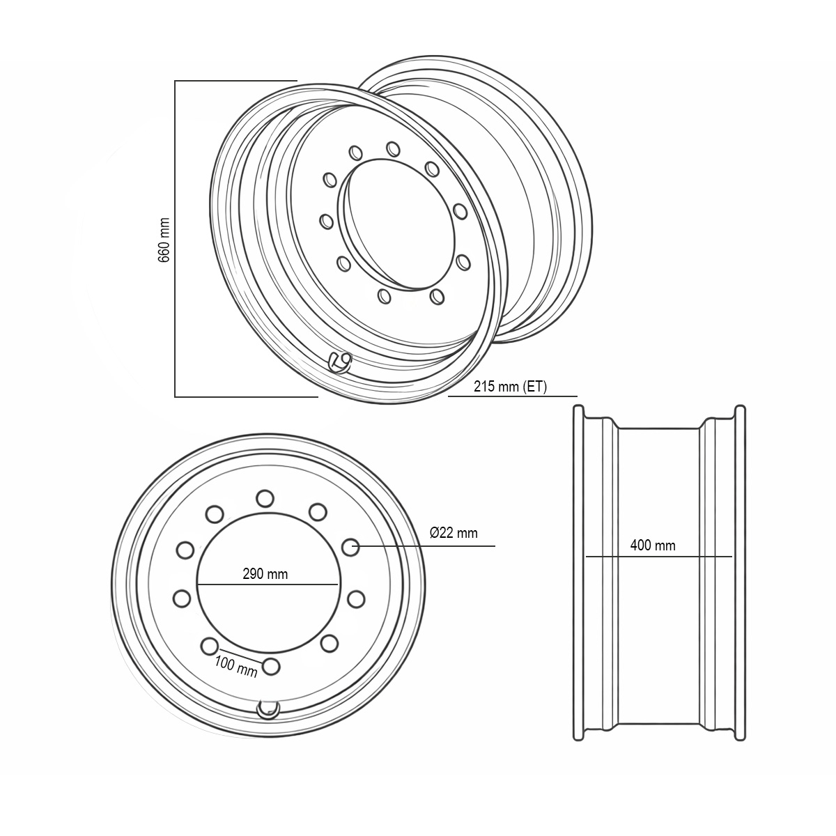 Janta spate buldoexcavator JCB 3CX, 4CX 16x26, 10x100mm, ET215, alezaj 290mm - imagine 6