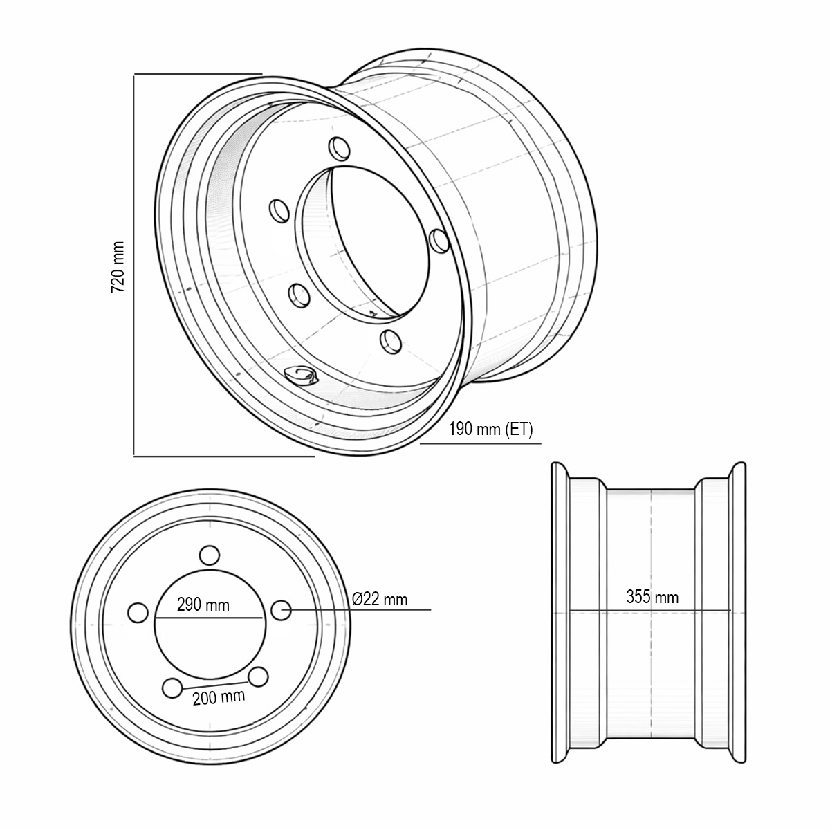 Janta spate buldoexcavator JCB 3CX, 4CX 14x28, 5x200mm, ET190, alezaj 290mm - imagine 6