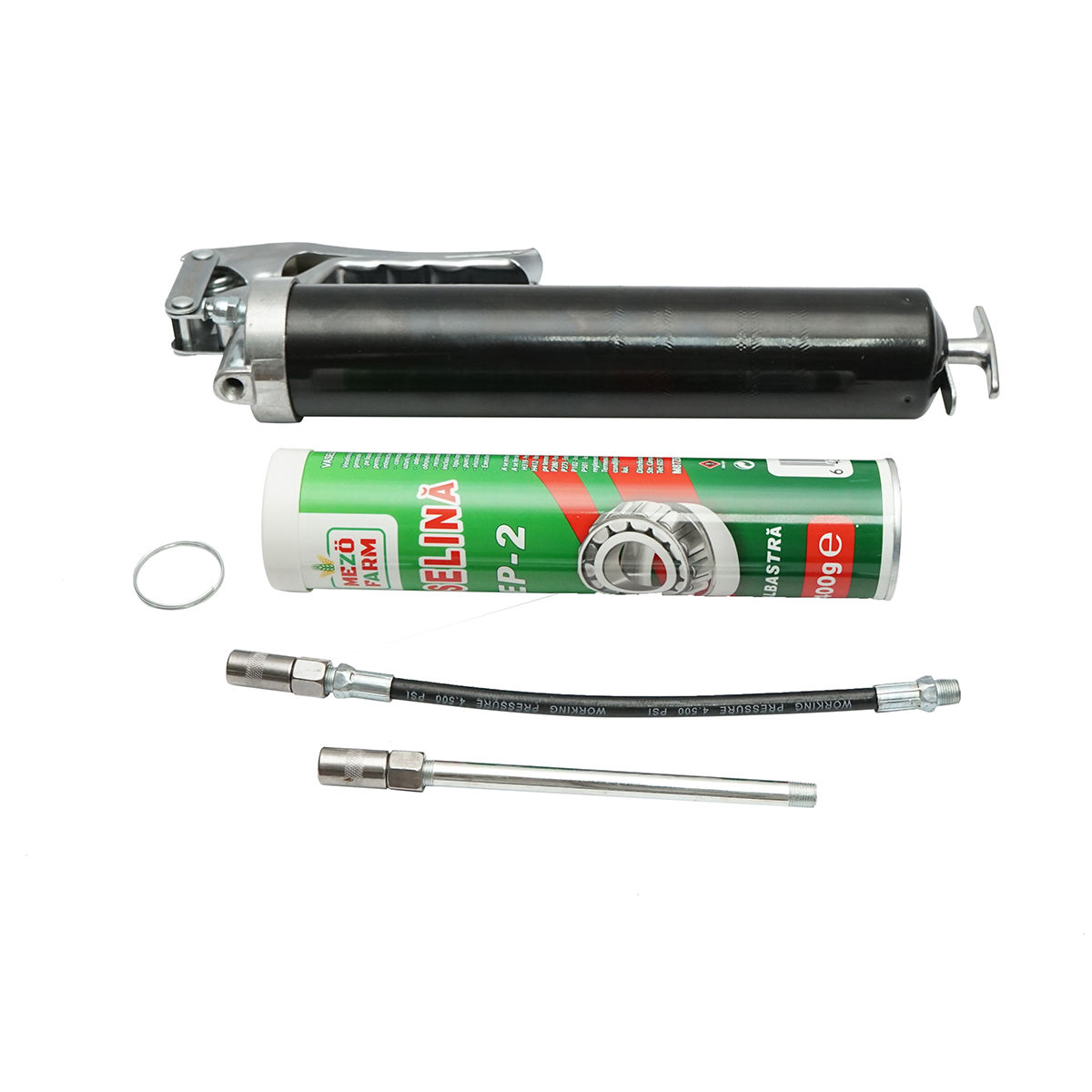 Pistol pentru gresat cu maner iesire orizontala si tub vaselina albastra 400g