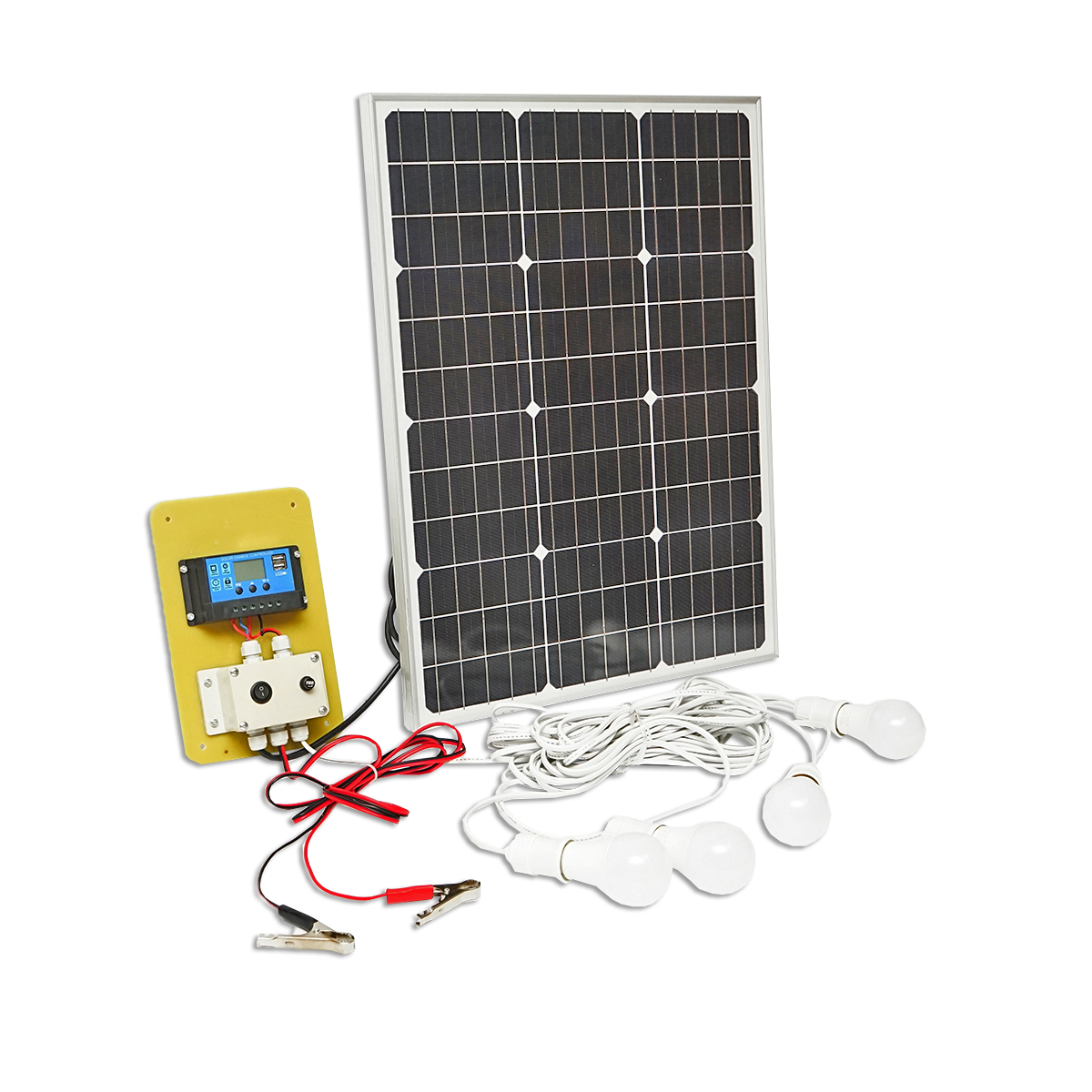 Set panou solar 50W fotovoltaic monocristalin 670x540x30mm 12-24V baterie 12/17Ah 4 becuri 9W Breckner Germany - imagine 3