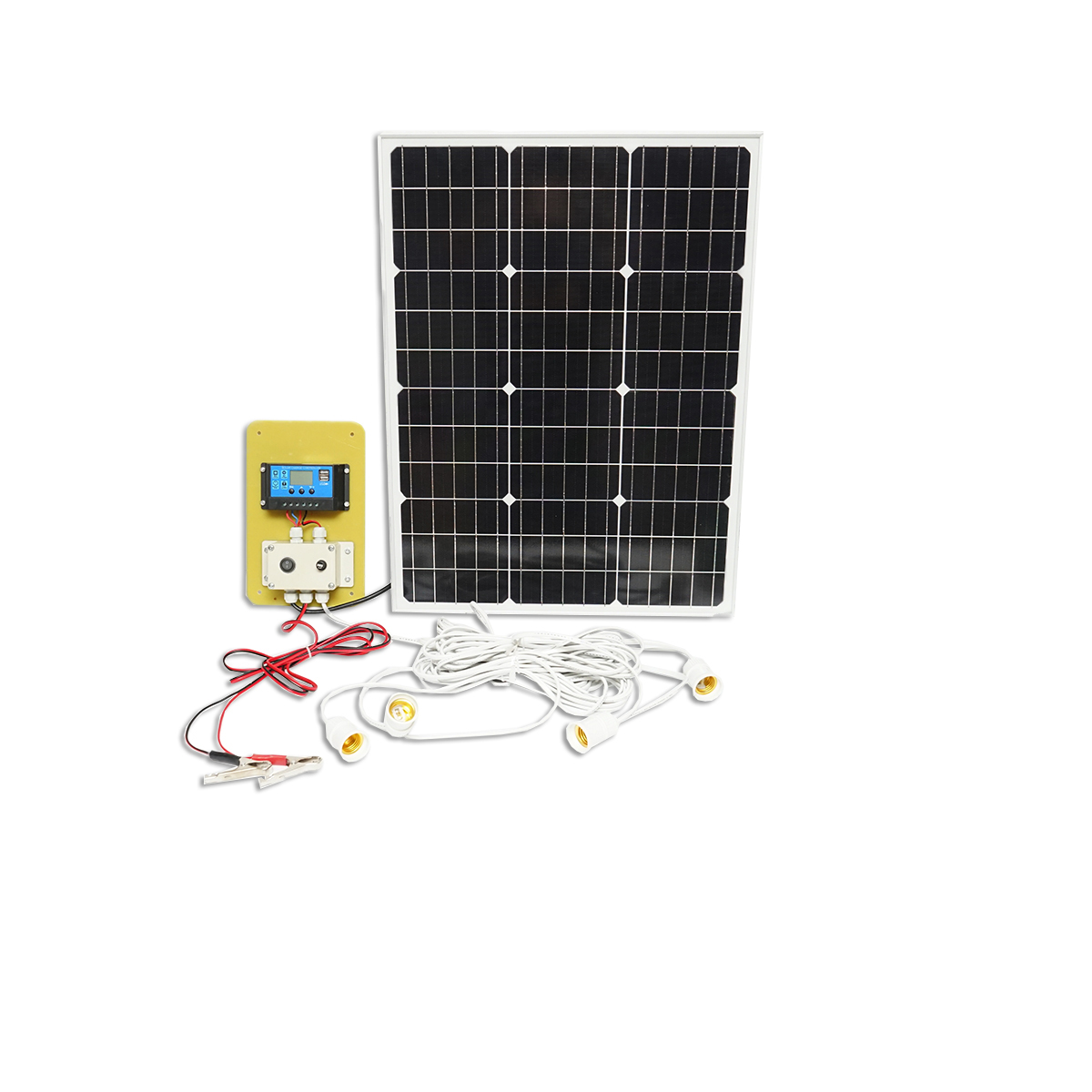 Set panou solar 50W fotovoltaic monocristalin 670x540x30mm 12-24V baterie 12/17Ah 4 becuri 9W Breckner Germany - imagine 2