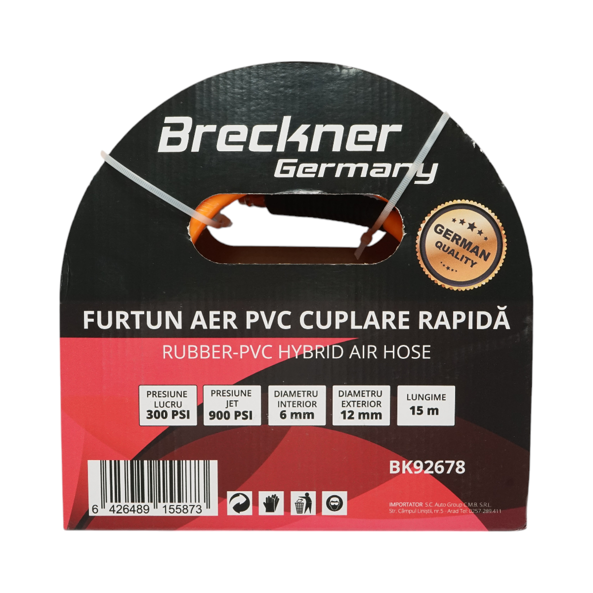 Furtun aer compresor profesional 15m din PVC si cuplare rapida universala Breckner Germany