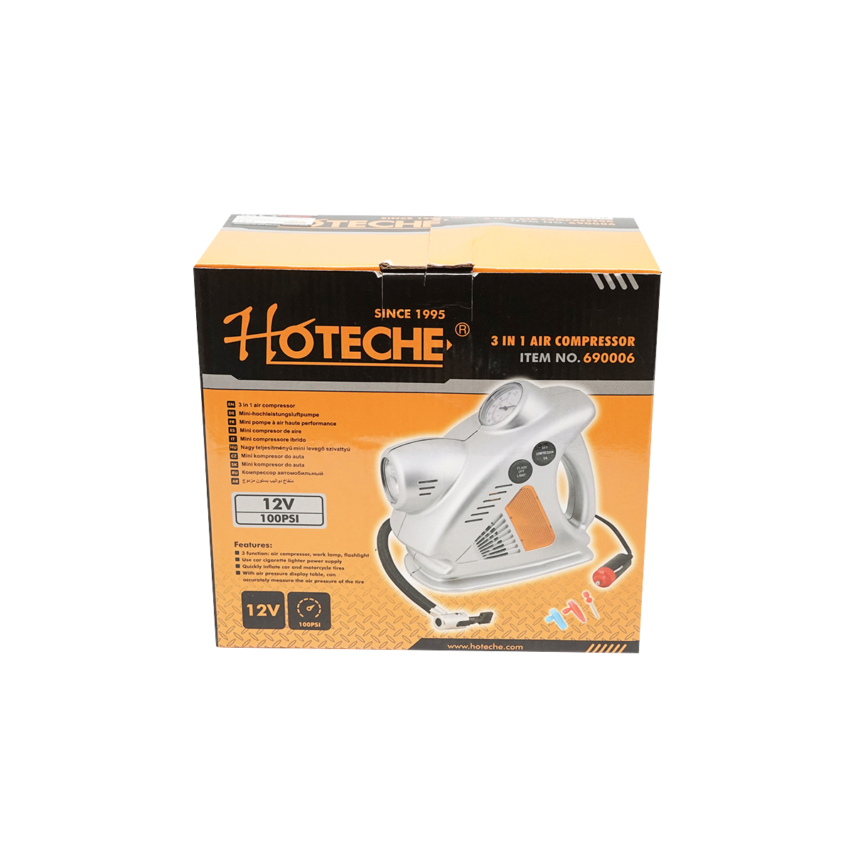 Compresor auto 12V 3 in 1 cu lanterna si lampa de lucru, presiune maxima 6.9 Bar. Hoteche - imagine 2