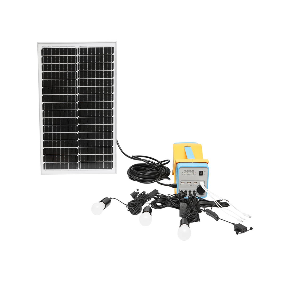 Sistem iluminat cu panou solar 50W, baterie LiFePO4 12.8V/12Ah si 3 becuri LED 3W/12V, 4 iesiri USB 5V Breckner Germany