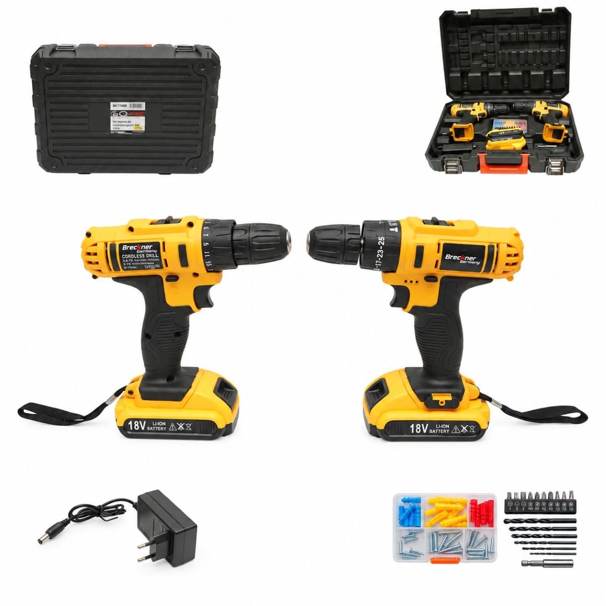 Set 2 masini de gaurit si insurubat cu si fara percutie, 2 acumulatori 18V, 1.5Ah Li-ion, LED, cuplu 18-35Nm, mandrina 10mm, 0-350/1350rpm, burghie, biti, dibluri, suruburi 68 piese Breckner Germany