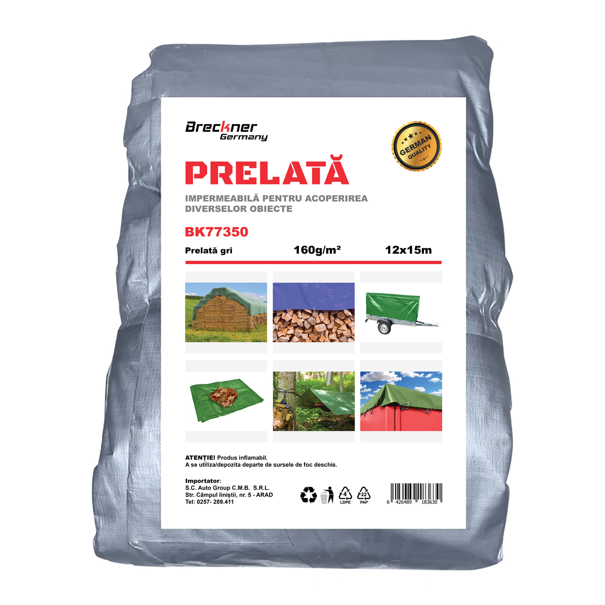 Prelata cu ochiuri de prindere 160g/m2 gri 12x15m Breckner Germany