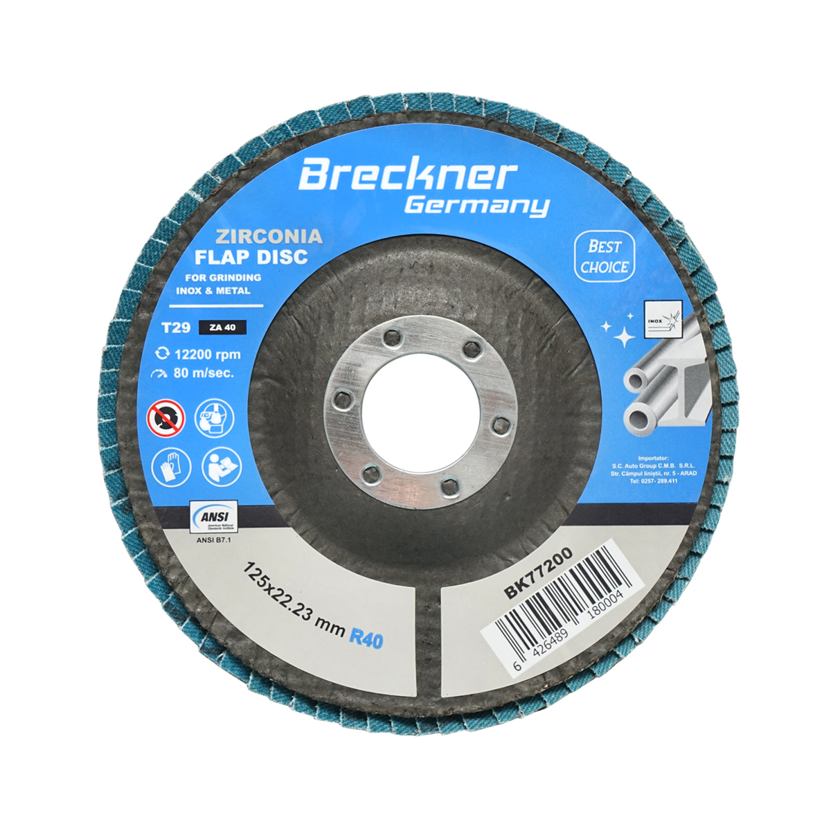 Disc lamelar abraziv cu zirconiu pentru taiat si polizat metal, inox R40, 125mm Breckner Germany