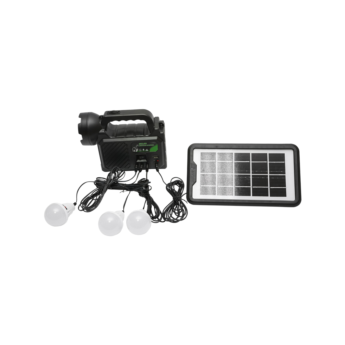 Kit iluminat portabil LED cu 3 becuri/proiector, panou solar si baterie 3.7V, 5500Ah pentru pescuit camping GD-P30
