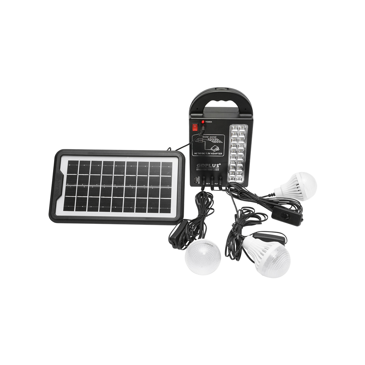 Kit iluminat portabil LED cu 3 becuri/proiector, panou solar si baterie 6V, 3Ah pentru pescuit camping GD-17