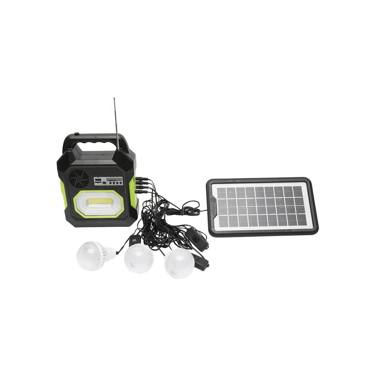 Kit iluminat portabil LED cu 3 becuri/proiector, radio FM panou solar si baterie 6V, 4.5 Ah pentru pescuit camping GD-15