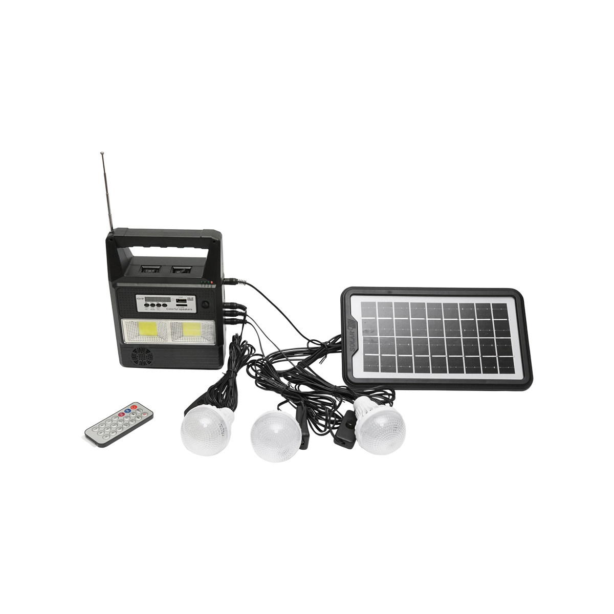 Kit iluminat portabil LED cu 3 becuri/proiector, radio FM, telecomanda panou solar si baterie 6V, 3 Ah pentru pescuit camping GD-8216