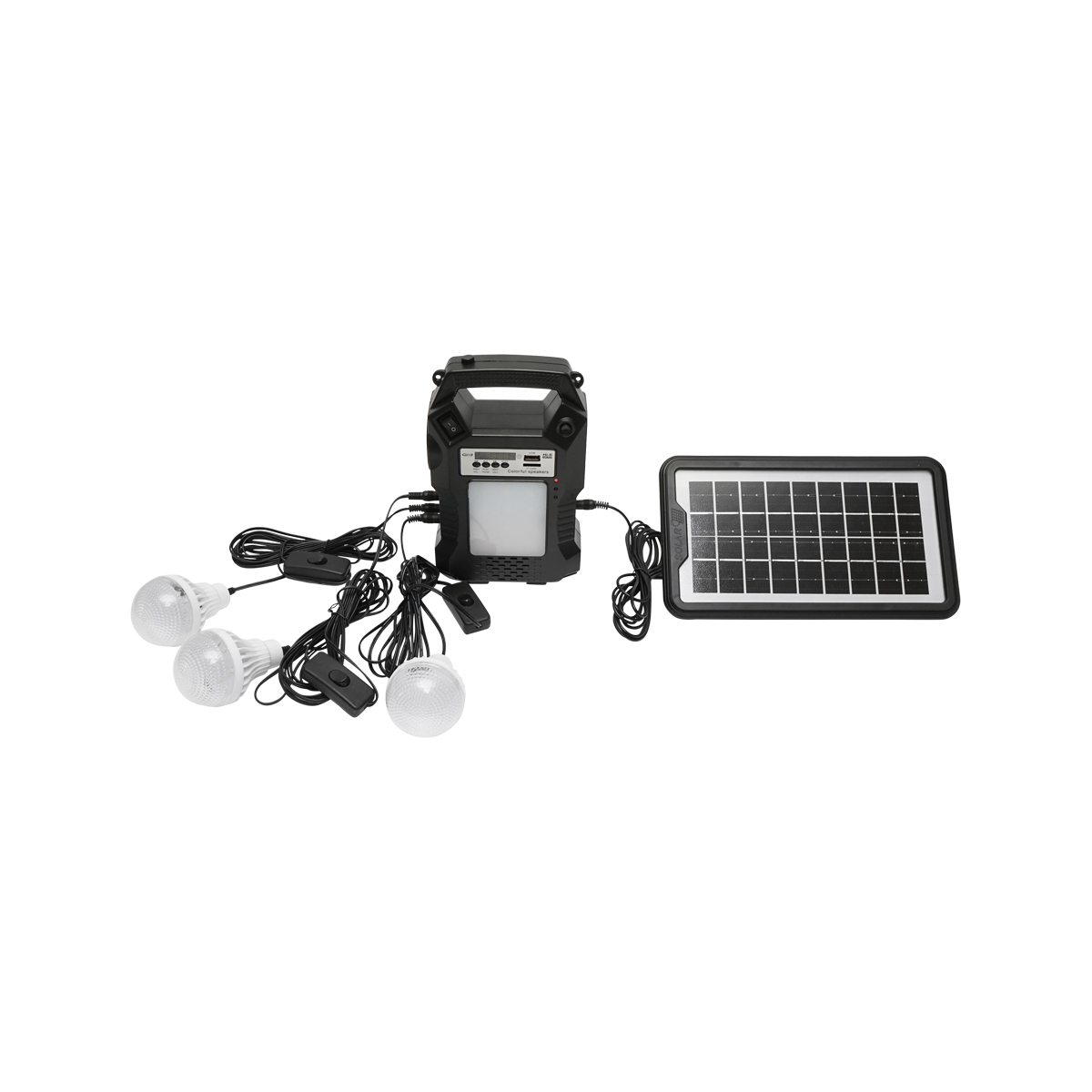 Kit iluminat portabil LED cu 3 becuri/proiector, radio FM, telecomanda panou solar si baterie 6V, 3 Ah pentru pescuit camping GD-8060