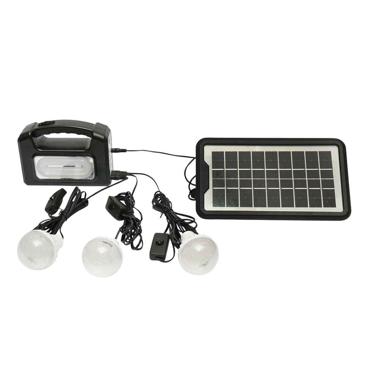Kit iluminat portabil LED cu 3 becuri/proiector, panou solar si baterie 6V, 4.5 Ah pentru pescuit camping GD-7COB