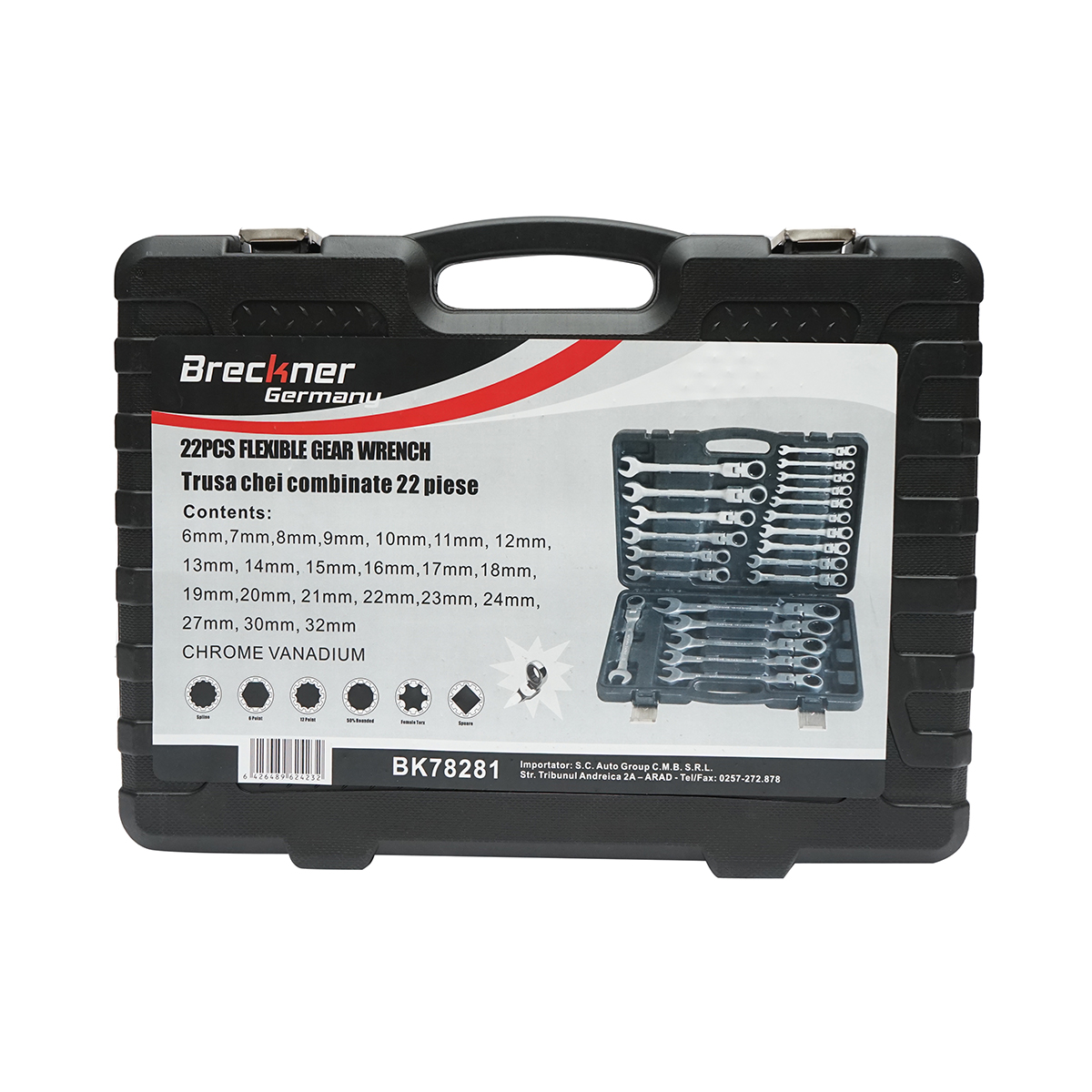 Set 22 chei combinate cu clichet articulate CrV 6-32mm Breckner Germany - imagine 2