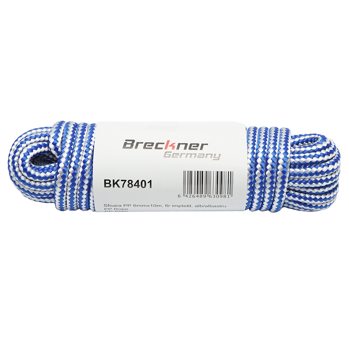 Sfoara PP impletita 6mmx10m, alb/albastru Breckner Germany