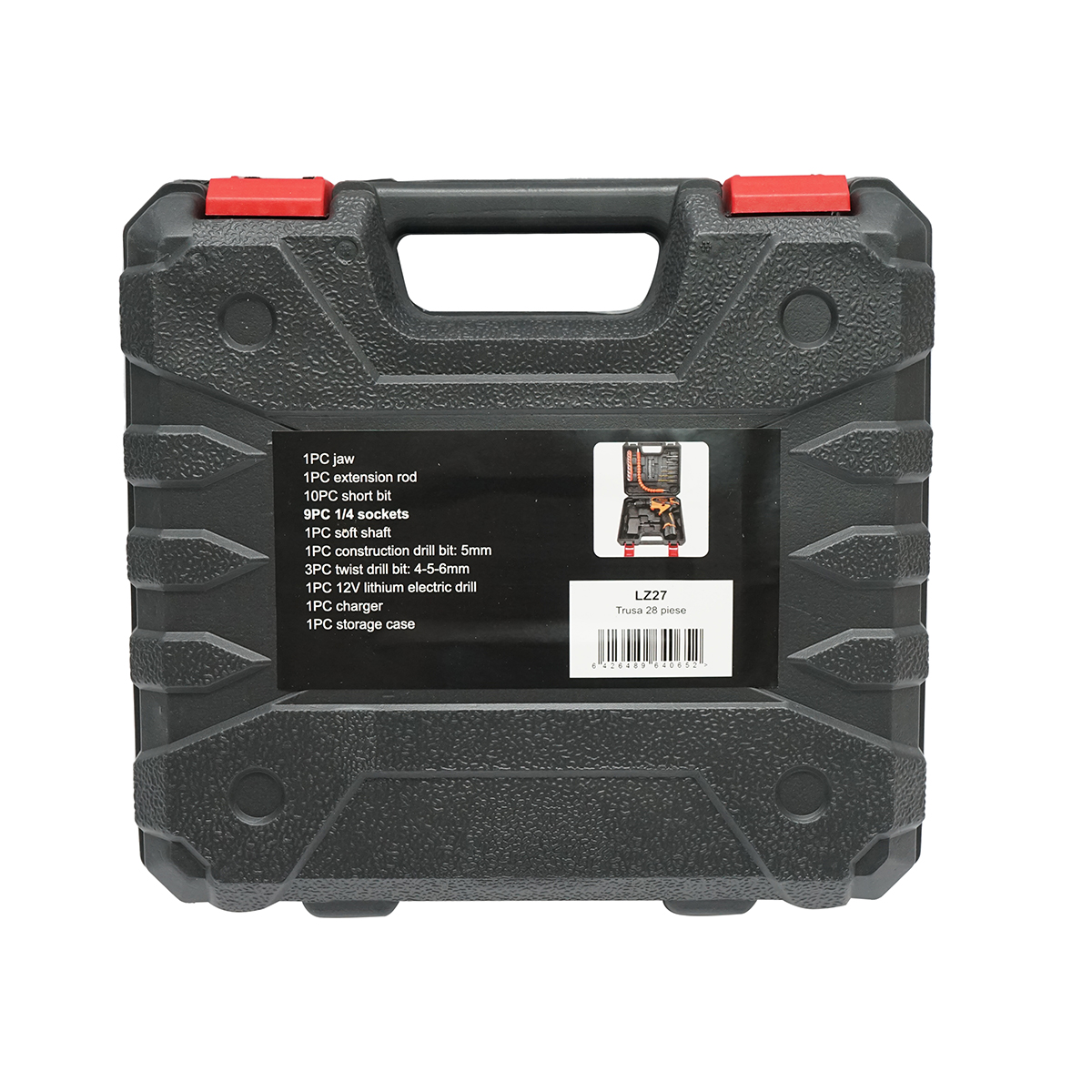 Trusa masina de gaurit si insurubat cu acumulator 12V, 1.5Ah Li-ion, LED, mandrina 10mm, 0-2000rpm, tubulare, burghie, biti 28 piese - imagine 3