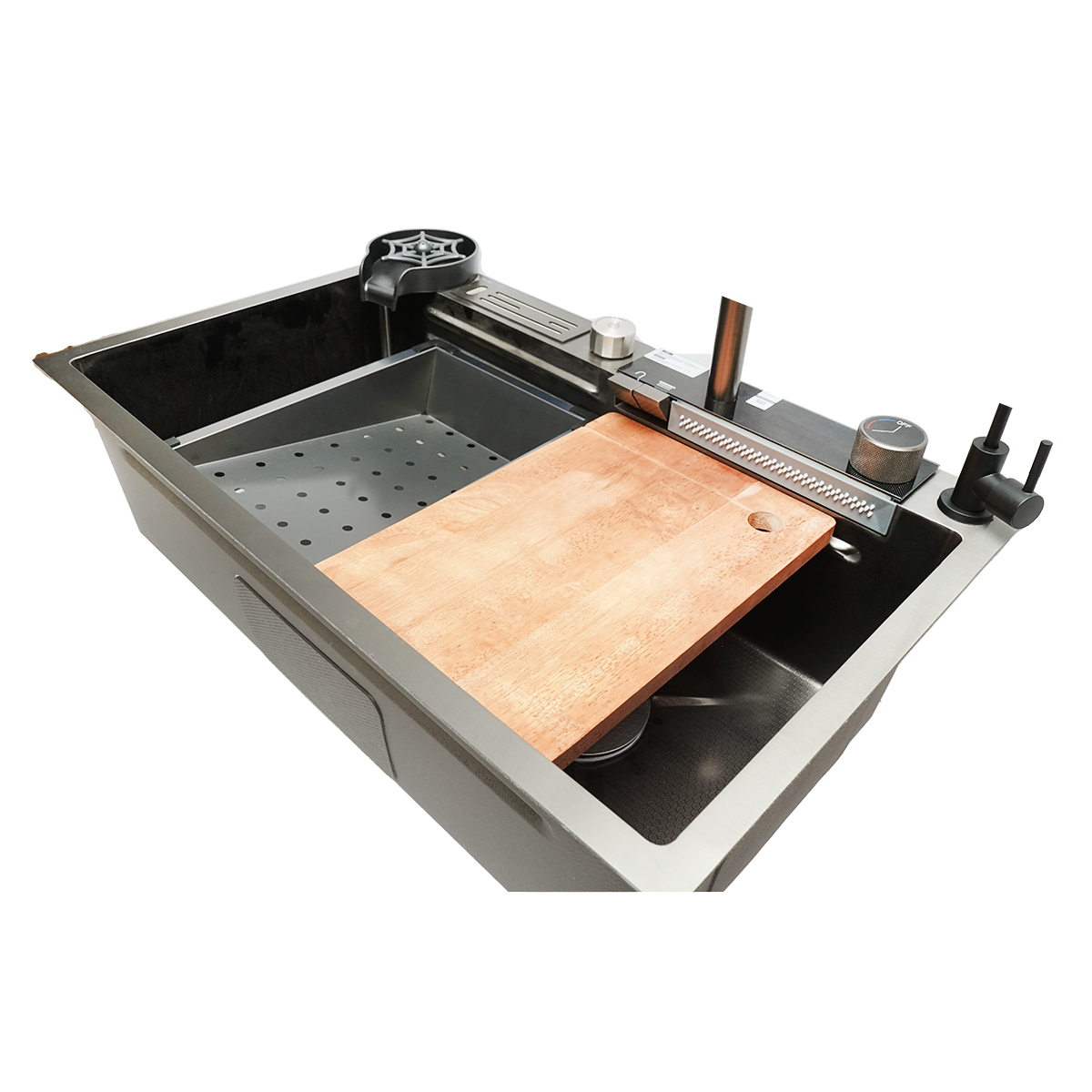 Chiuveta bucatarie multifunctionala din otel inoxidabil cu doua baterii, afisaj digital temperatura, functie cascada, spalator pahare, scurgator, tava, tocator si accesorii scurgere incluse, dimensiune 75x46x23.5cm - imagine 7