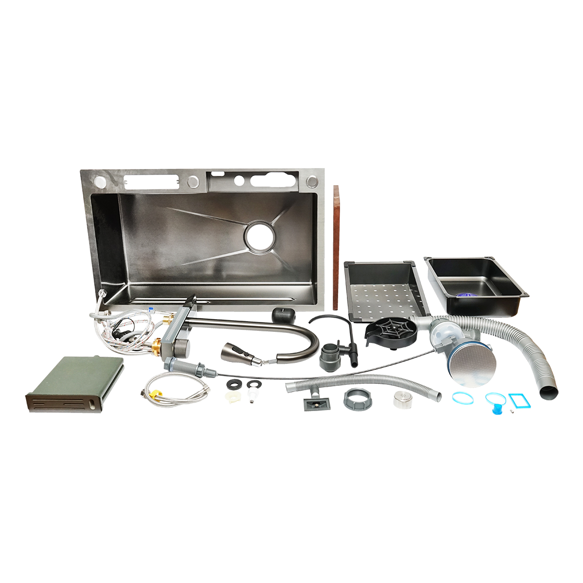 Chiuveta bucatarie multifunctionala din otel inoxidabil cu doua baterii, afisaj digital temperatura, functie cascada, spalator pahare, scurgator, tava, tocator si accesorii scurgere incluse, dimensiune 75x46x23.5cm - imagine 3