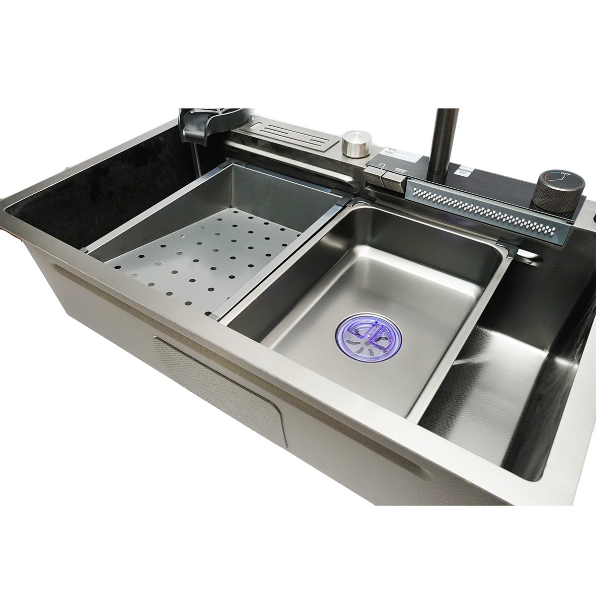 Chiuveta bucatarie multifunctionala din otel inoxidabil cu doua baterii, afisaj digital temperatura, functie cascada, spalator pahare, scurgator, tava, tocator si accesorii scurgere incluse, dimensiune 75x46x23.5cm - imagine 6
