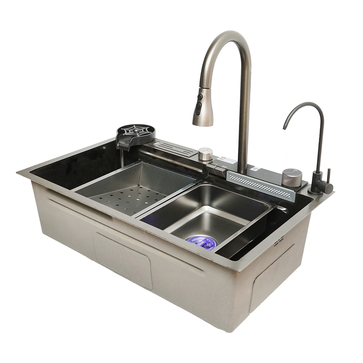 Chiuveta bucatarie multifunctionala din otel inoxidabil cu doua baterii, afisaj digital temperatura, functie cascada, spalator pahare, scurgator, tava, tocator si accesorii scurgere incluse, dimensiune 75x46x23.5cm - imagine 4