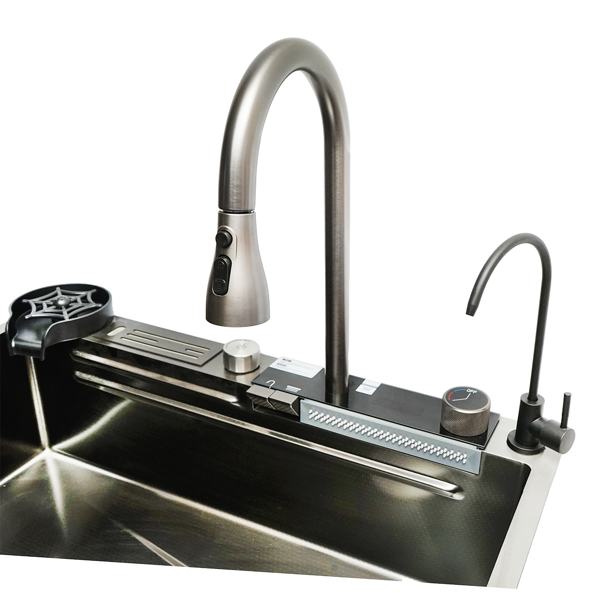 Chiuveta bucatarie multifunctionala din otel inoxidabil cu doua baterii, afisaj digital temperatura, functie cascada, spalator pahare, scurgator, tava, tocator si accesorii scurgere incluse, dimensiune 75x46x23.5cm - imagine 9