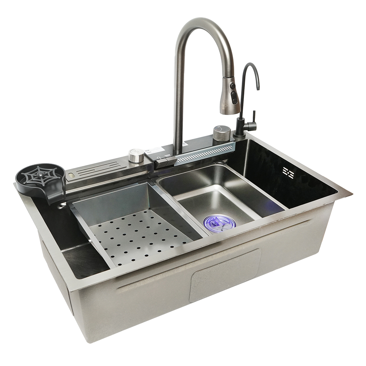 Chiuveta bucatarie multifunctionala din otel inoxidabil cu doua baterii, afisaj digital temperatura, functie cascada, spalator pahare, scurgator, tava, tocator si accesorii scurgere incluse, dimensiune 75x46x23.5cm - imagine 5