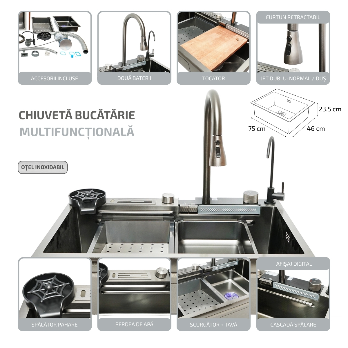 Chiuveta bucatarie multifunctionala din otel inoxidabil cu doua baterii, afisaj digital temperatura, functie cascada, spalator pahare, scurgator, tava, tocator si accesorii scurgere incluse, dimensiune 75x46x23.5cm - imagine 2