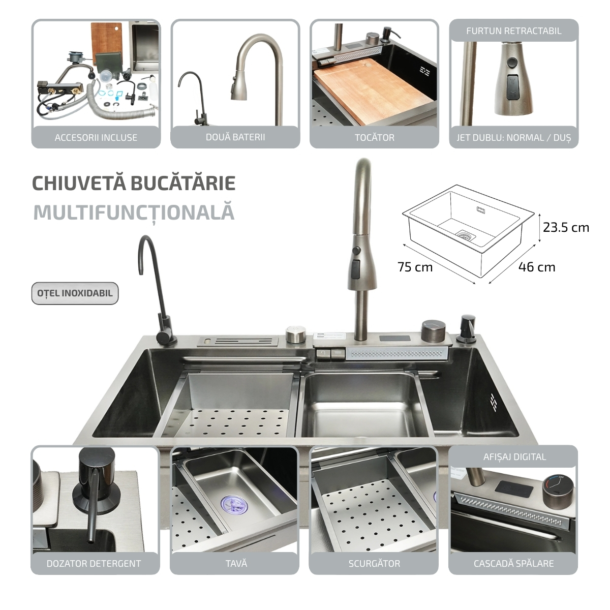 Chiuveta bucatarie multifunctionala din otel inoxidabil cu doua baterii, afisaj digital temperatura, functie cascada, dozator sapun, scurgator, tava, tocator si accesorii scurgere incluse, dimensiune 75x46x23.5cm - imagine 2
