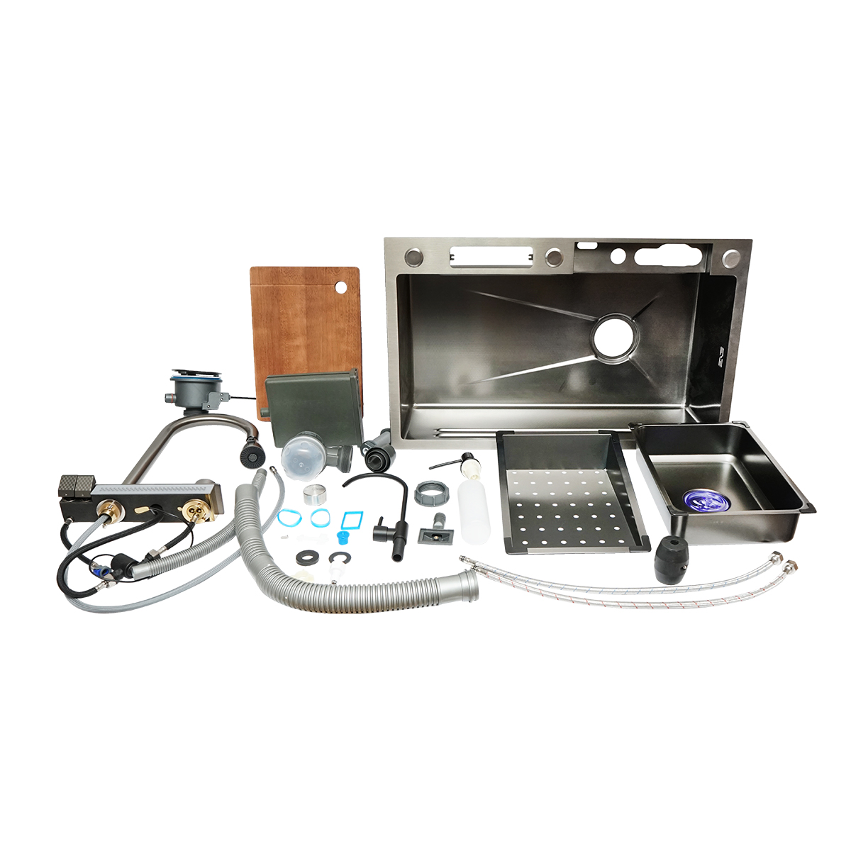 Chiuveta bucatarie multifunctionala din otel inoxidabil cu doua baterii, afisaj digital temperatura, functie cascada, dozator sapun, scurgator, tava, tocator si accesorii scurgere incluse, dimensiune 75x46x23.5cm - imagine 3