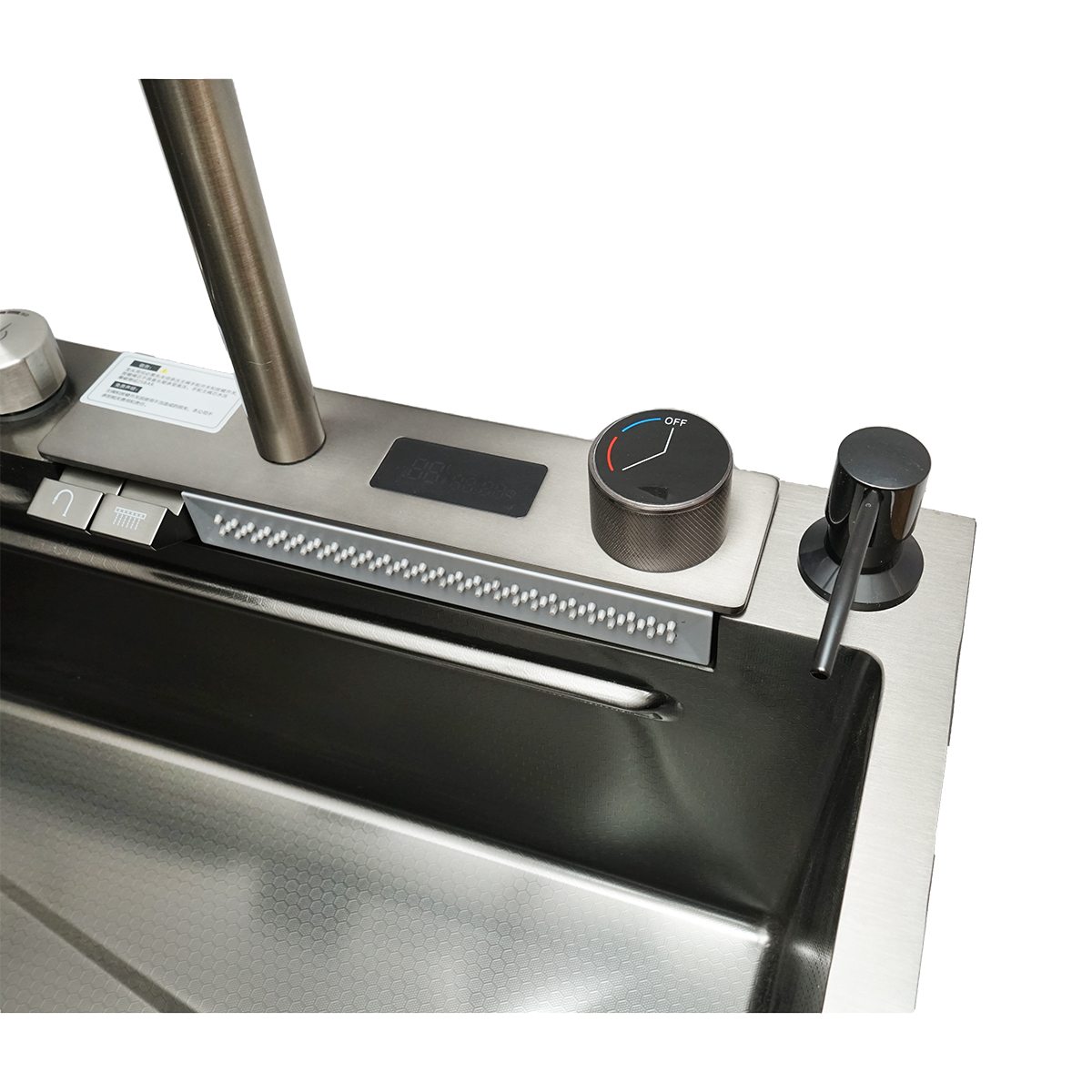 Chiuveta bucatarie multifunctionala din otel inoxidabil cu doua baterii, afisaj digital temperatura, functie cascada, dozator sapun, scurgator, tava, tocator si accesorii scurgere incluse, dimensiune 75x46x23.5cm - imagine 8