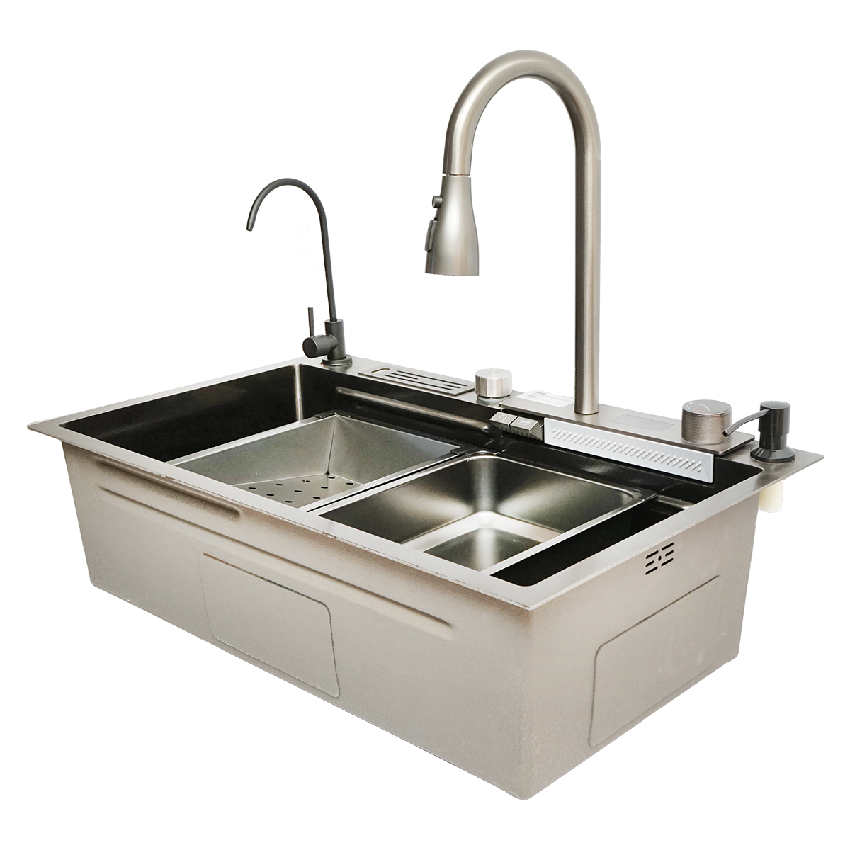 Chiuveta bucatarie multifunctionala din otel inoxidabil cu doua baterii, afisaj digital temperatura, functie cascada, dozator sapun, scurgator, tava, tocator si accesorii scurgere incluse, dimensiune 75x46x23.5cm - imagine 5