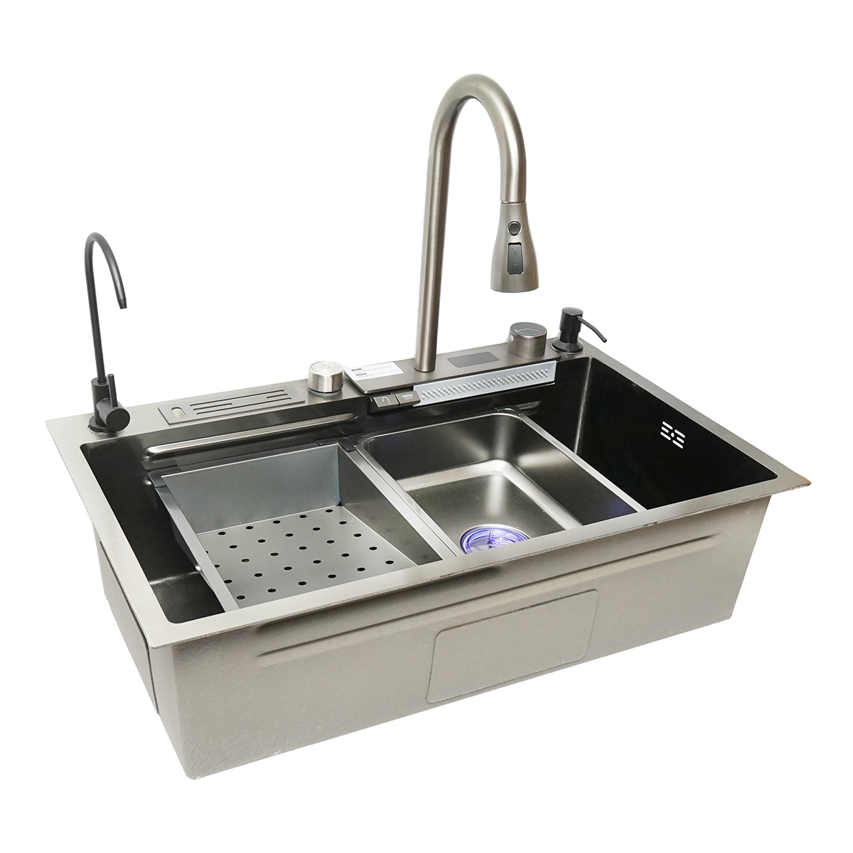 Chiuveta bucatarie multifunctionala din otel inoxidabil cu doua baterii, afisaj digital temperatura, functie cascada, dozator sapun, scurgator, tava, tocator si accesorii scurgere incluse, dimensiune 75x46x23.5cm - imagine 4