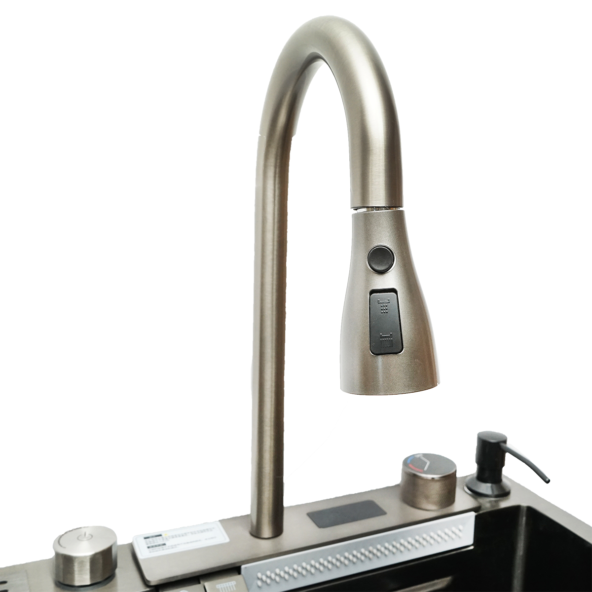 Chiuveta bucatarie multifunctionala din otel inoxidabil cu doua baterii, afisaj digital temperatura, functie cascada, dozator sapun, scurgator, tava, tocator si accesorii scurgere incluse, dimensiune 75x46x23.5cm - imagine 9