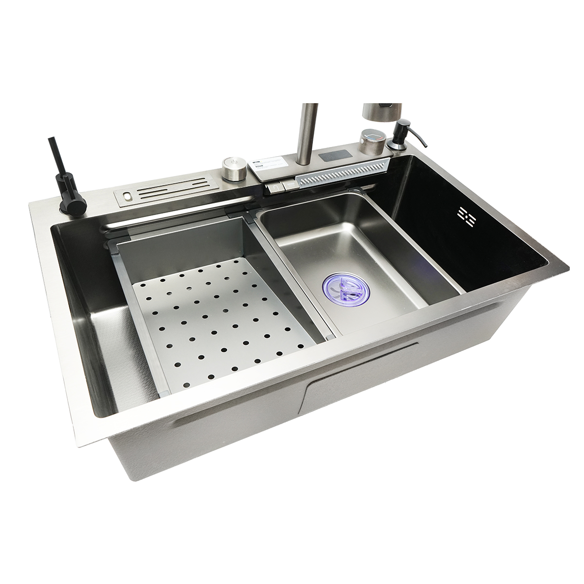 Chiuveta bucatarie multifunctionala din otel inoxidabil cu doua baterii, afisaj digital temperatura, functie cascada, dozator sapun, scurgator, tava, tocator si accesorii scurgere incluse, dimensiune 75x46x23.5cm - imagine 6