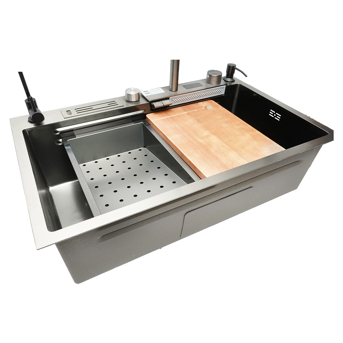 Chiuveta bucatarie multifunctionala din otel inoxidabil cu doua baterii, afisaj digital temperatura, functie cascada, dozator sapun, scurgator, tava, tocator si accesorii scurgere incluse, dimensiune 75x46x23.5cm - imagine 7